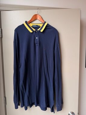 Polo by Ralph Lauren Navy Long-Sleeve Polo with Yellow-Trim Collar